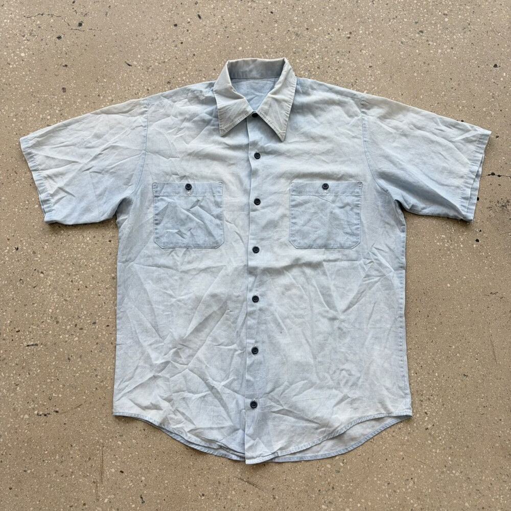 Vintage 60s Blue Chambray Cotton/Poly Faded Workwear Shirt